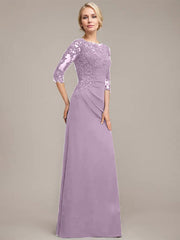 A-line Scoop Floor-Length Chiffon Lace Mother of the Bride Dress With Sequins Beading Pleated