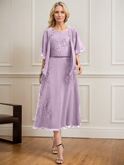 A-line Scoop Tea-Length Lace Chiffon Mother of the Bride Dress With Sequins