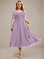 A-line Scoop Illusion Tea-Length Lace Chiffon Mother of the Bride Dress With Sequins