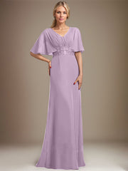 A-line V-Neck Floor-Length Chiffon Mother of the Bride Dress With Sequins Appliques Lace Pleated