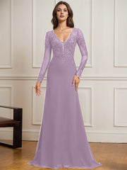 Sheath/Column V-Neck Detachable Sweep Train Lace Tulle Chiffon Mother of the Bride Dress With Sequins