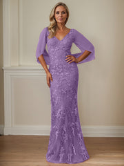 Sheath V-Neck Floor-Length Tulle Mother of the Bride Dress