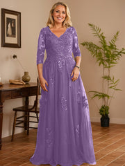A-line V-Neck Floor-Length Tulle Lace Mother of the Bride Dress With Sequins