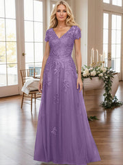 A-Line V-Neck Short Sleeves Sweep Train Lace/Tulle Mother Of The Bride Dresses