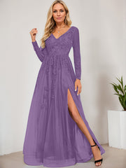 A-line V-Neck Floor-Length Tulle Prom Dresses With Sequins Appliques Lace Beading