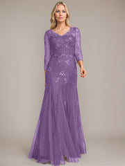 Trumpet/Mermaid Illusion V-Neck Floor-Length Tulle Sequin Lace Mother of the Bride Dress