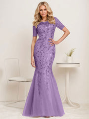 Floral Sequin Print Maxi Long Fishtail Tulle Mother Of The Bride Dresses