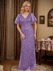 Sheath V-neck Short Sleeves Floor-Length Lace Mother of the Bride Dress