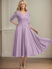A-line V-Neck Tea-Length Chiffon Lace Mother of the Bride Dress With Beading Sequins