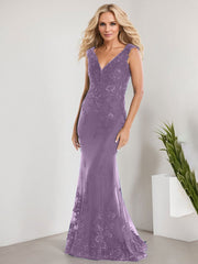 A-line V-Neck Floor-Length Lace Chiffon Mother of the Bride Dress With Applique Sequins Mermaid Dresses