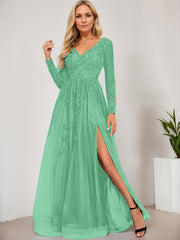 A-line V-Neck Floor-Length Tulle Prom Dresses With Sequins Appliques Lace Beading