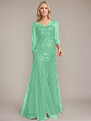 Trumpet/Mermaid Illusion V-Neck Floor-Length Tulle Sequin Lace Mother of the Bride Dress