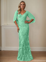 Sheath V-Neck Floor-Length Tulle Mother of the Bride Dress