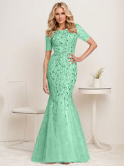 Floral Sequin Print Maxi Long Fishtail Tulle Mother Of The Bride Dresses