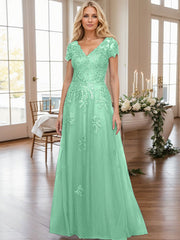 A-Line V-Neck Short Sleeves Sweep Train Lace/Tulle Mother Of The Bride Dresses