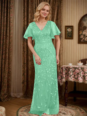 Sheath V-neck Short Sleeves Floor-Length Lace Mother of the Bride Dress