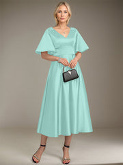 A-line V-Neck Tea-Length Satin Mother of the Bride Dress With Beading
