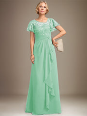 A-line Asymmetrical Illusion Floor-Length Lace Chiffon Mother of the Bride Dress With Cascading Ruffles Sequins