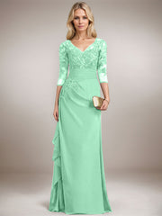A-line V-Neck Floor-Length Lace Chiffon Mother of the Bride Dress With Cascading Ruffles