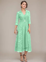 A-line V-Neck Tea-Length Chiffon Mother of the Bride Dress