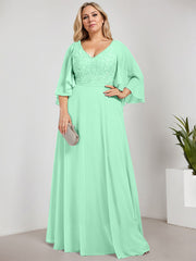 A-line V-Neck Floor-Length Chiffon Lace Mother of the Bride Dress With Sequins Beading