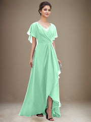 A-line V-Neck Asymmetrical Chiffon Mother of the Bride Dress With Sequins Beading Cascading Ruffles