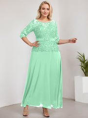 A-line Scoop Illusion Ankle-Length Chiffon Lace Mother of the Bride Dress With Rhinestone Beading
