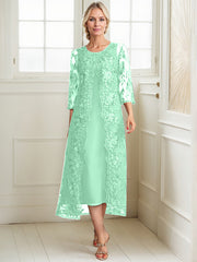 A-line Scoop Tea-Length Lace Chiffon Mother of the Bride Dress