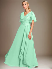 A-line V-Neck Floor-Length Lace Chiffon Mother of the Bride Dress With Cascading Ruffles Sequins
