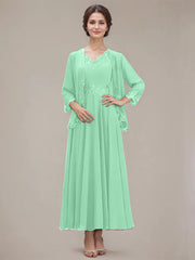 A-line V-Neck Ankle-Length Chiffon Mother of the Bride Dress With Sequins Appliques Lace Beading