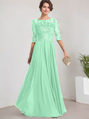A-line Scoop Illusion Floor-Length Lace Chiffon Mother of the Bride Dress With Pleated Sequins