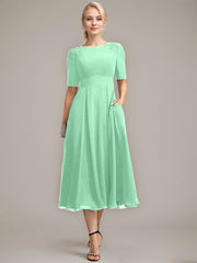 A-line Scoop Tea-Length Chiffon Mother of the Bride Dress With Appliques Lace Sequins