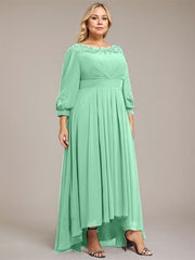 A-line Scoop Asymmetrical Chiffon Mother of the Bride Dress With Pleated Appliques Lace