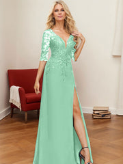A-Line V-Neck 1/2 Sleeves Floor-Length Chiffon Mother Of The Bride Dresses With Lace