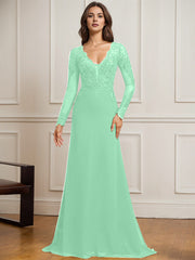 Sheath/Column V-Neck Detachable Sweep Train Lace Tulle Chiffon Mother of the Bride Dress With Sequins