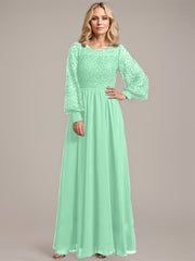 A-line Scoop Illusion Floor-Length Lace Chiffon Mother of the Bride Dress