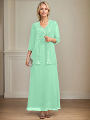 A-line V-Neck Ankle-Length Lace Sequin Chiffon Mother of the Bride Dress