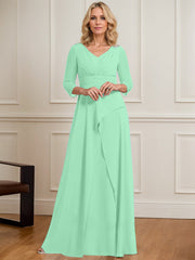 A-line V-Neck Floor-Length Chiffon Mother of the Bride Dress With Pleated Beading