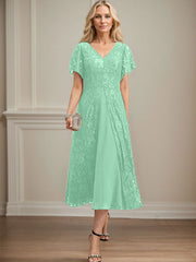 A-line V-Neck Tea-Length Lace Chiffon Mother of the Bride Dress