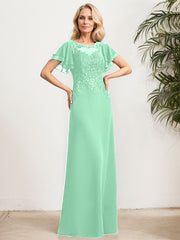 A-line Scoop Illusion Floor-Length Lace Chiffon Mother of the Bride Dress With Sequins