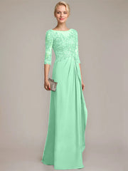 A-line Scoop Illusion Floor-Length Chiffon Lace Mother of the Bride Dress With Beading Sequins Cascading Ruffles