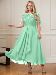 A-line Boat Neck Illusion Asymmetrical Lace Chiffon Mother of the Bride Dress With Cascading Ruffles Sequins