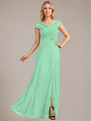 A-line Scoop Floor-Length Mesh Mother of the Bride Dress With Pleated Beading
