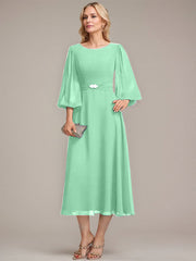 A-line Scoop Tea-Length Chiffon Mother of the Bride Dress With Crystal Brooch Pleated