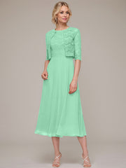 A-line/Princess Scoop Tea-Length Chiffon Mother of the Bride Dress With Lace Jacket