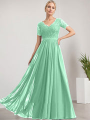 A-line V-Neck Floor-Length Lace Chiffon Mother of the Bride Dress