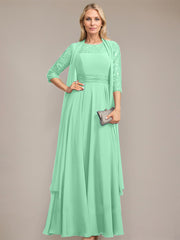A-line Scoop Illusion Floor-Length Lace Chiffon Mother of the Bride Dress With Pleated
