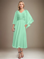 A-line V-Neck Tea-Length Chiffon Lace Mother of the Bride Dress With Sequins Beading