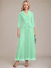A-line Collared V-Neck Ankle-Length Chiffon Mother of the Bride Dress With Beading Pleated