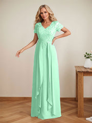 Elegant A-Line Chiffon V-neck Mother of the Brides Dresses Lace Top MOB Dresses